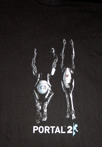 Portal 2 shirt printed with metallic silver ink